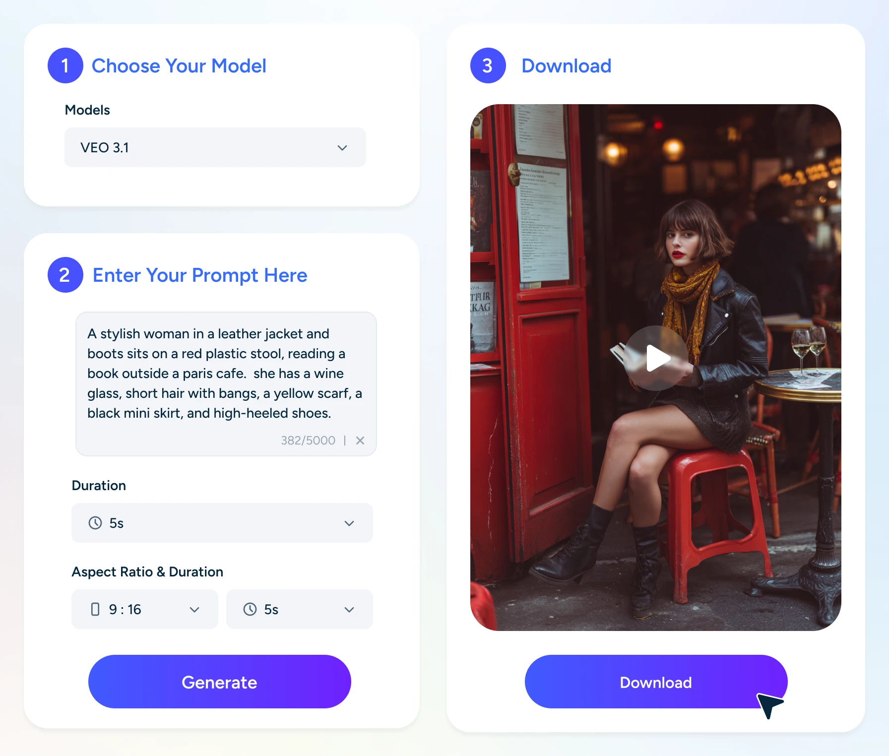 three steps of how to make videos with veo 3.1 in aiease